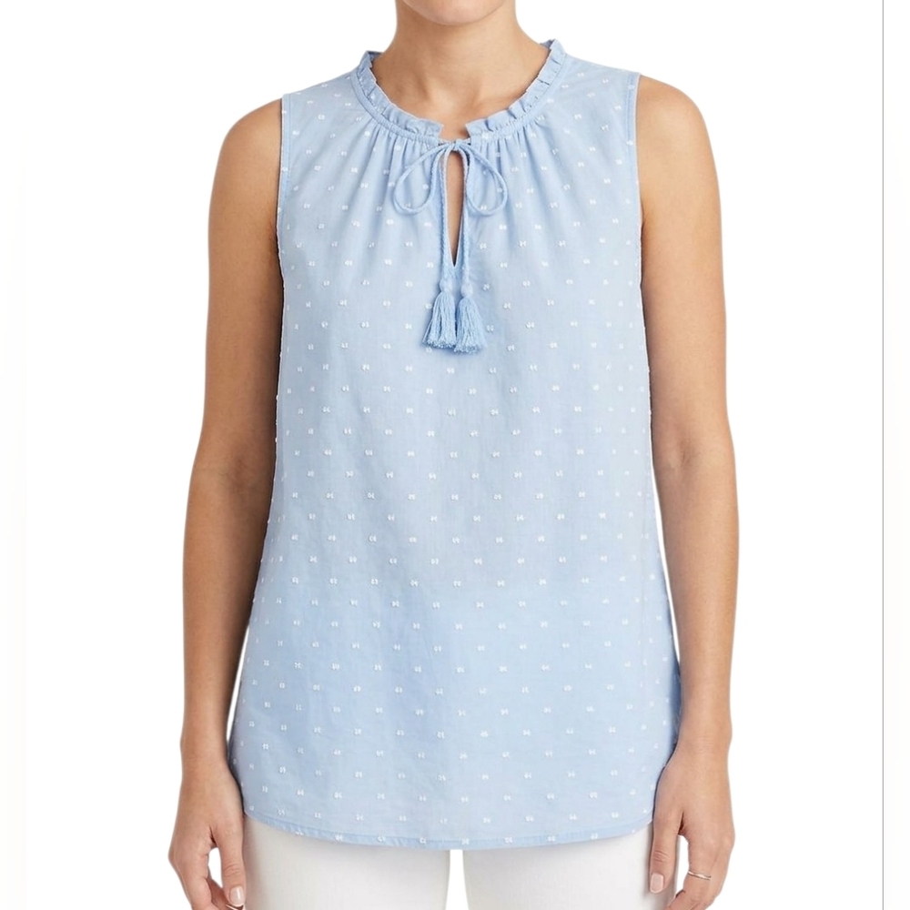 J. McLaughlin Swiss Dot Blue White Sleeveless Tassel Cotton Blouse Size M